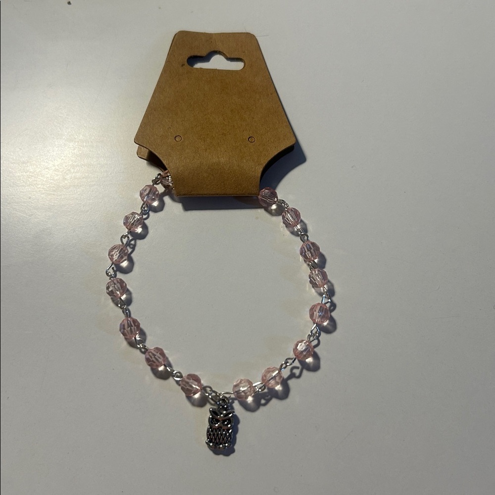 Elegant Pink Handmade Beaded Bracelet with Owl Charm